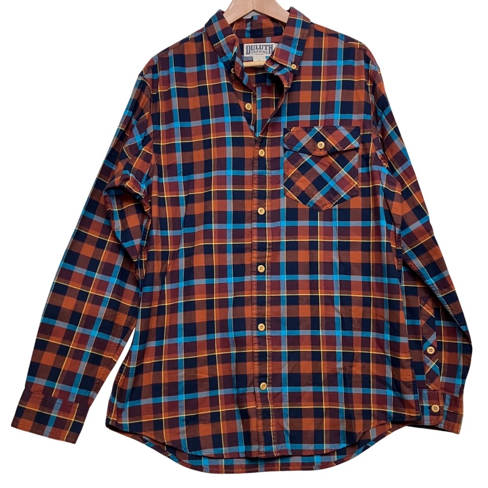 Duluth Trading Co Button Down Mens L Orange Blue Plaid Excellent Slim Fit 74269